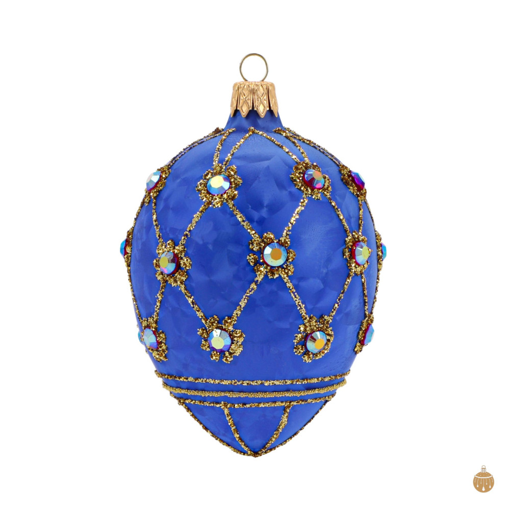 Faberge vejce skleněné - modrý mrazolak s barevnými kameny 1